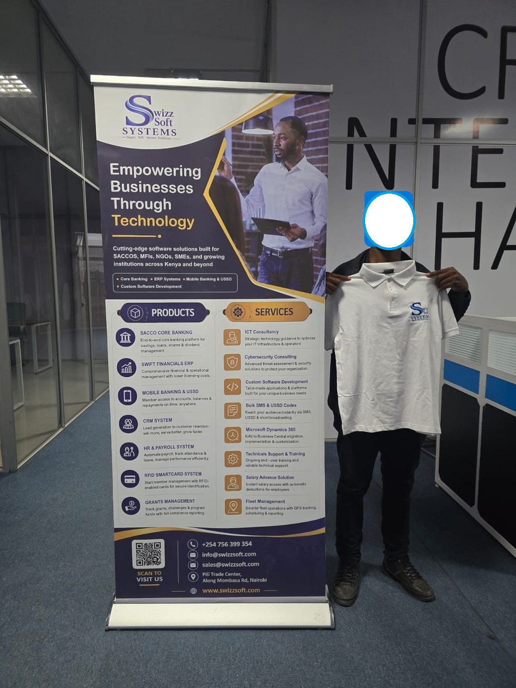Branded polo shirt with client logo, presented by our team